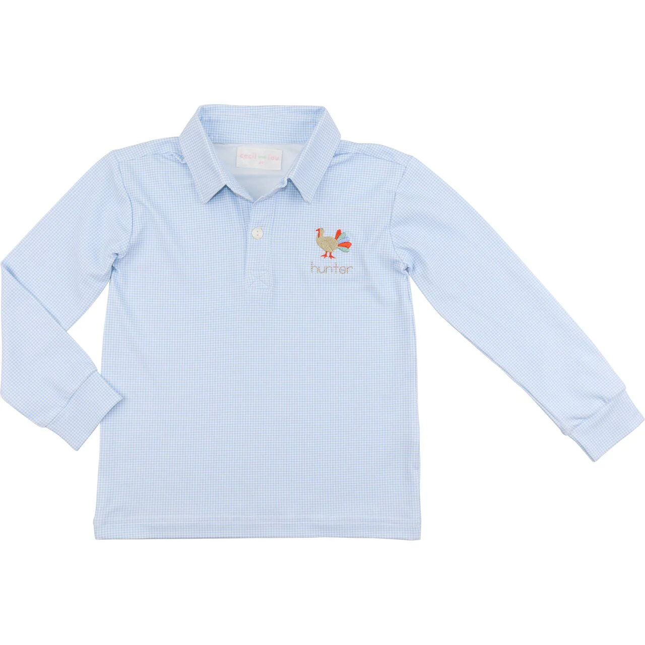 Blue Gingham Knit Embroidered Turkey Polo Shirt