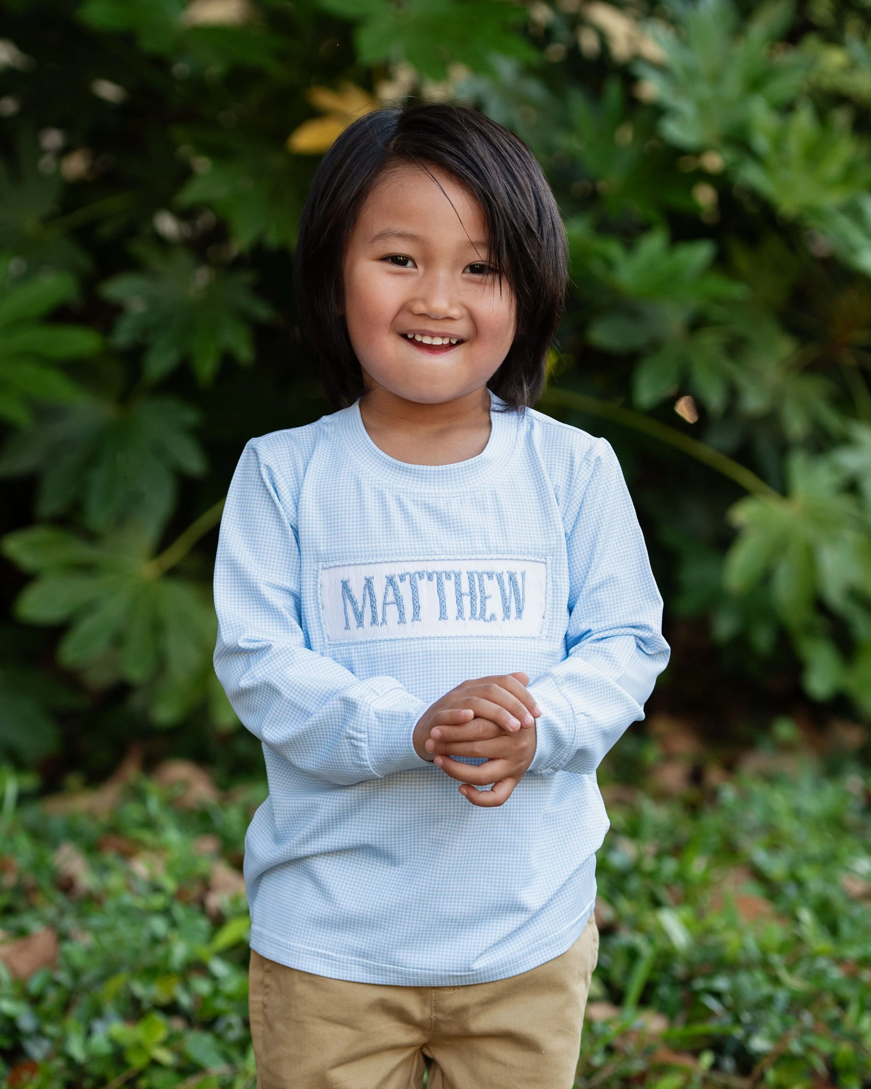 Blue Gingham Performance Knit Custom Smocked Shirt - Image 2