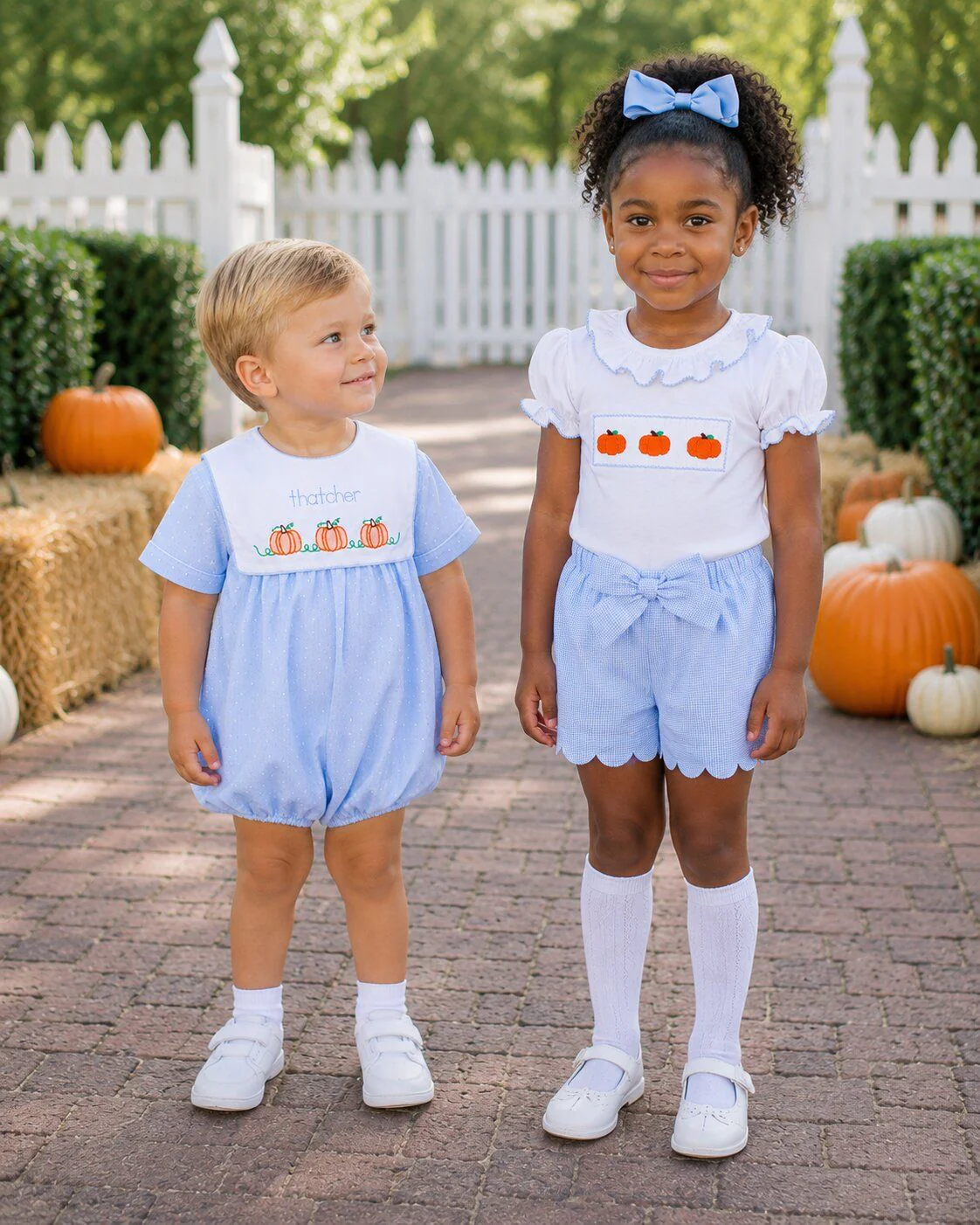 Blue Gingham Smocked Pumpkins Short Set - Image 2