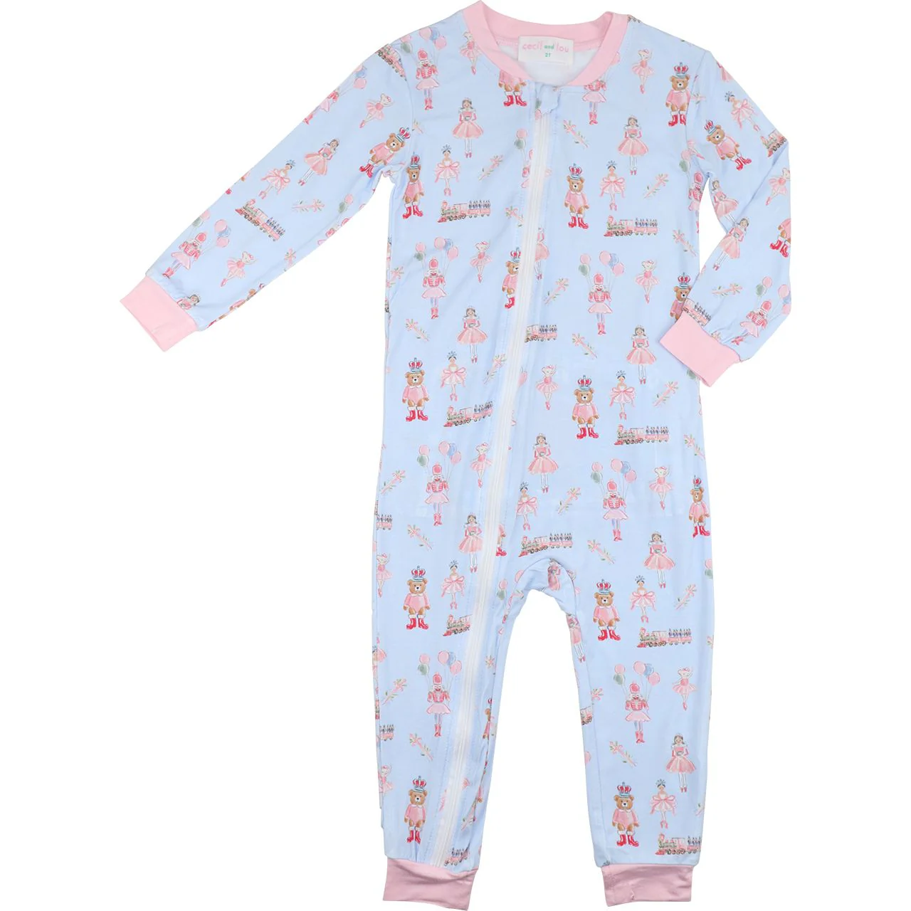 Blue Holiday Ballerina Print Knit Zipper Pajamas - Image 2
