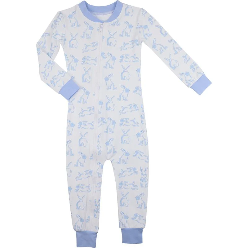 Blue Hopping Bunny Knit Zipper Pajamas - Image 2
