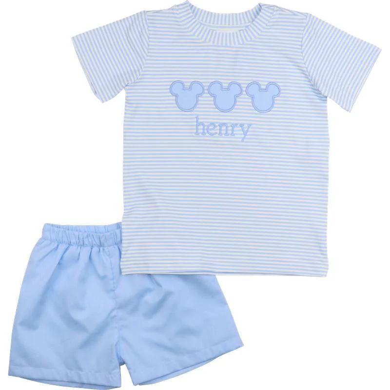 Blue Knit Stripe Mouse Ears Short Set
