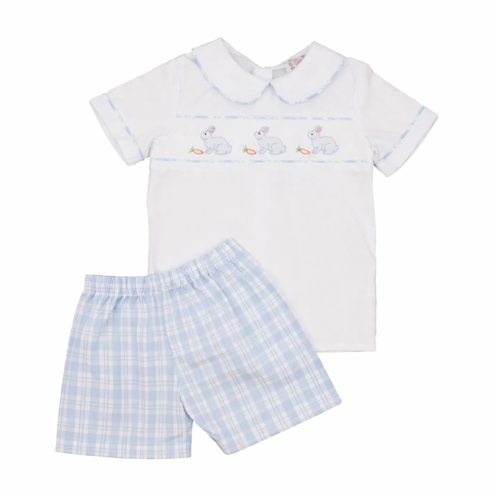 Blue Plaid Bunnies And Carrots Short Set