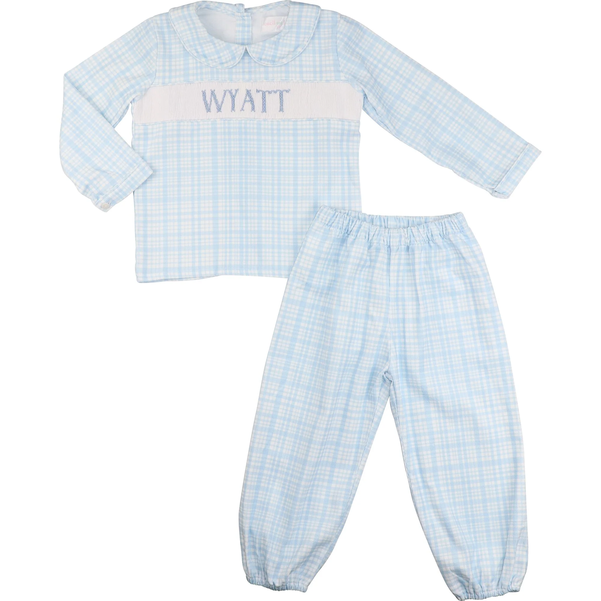 Blue Plaid Corduroy Custom Smocked Ankle Pant Set