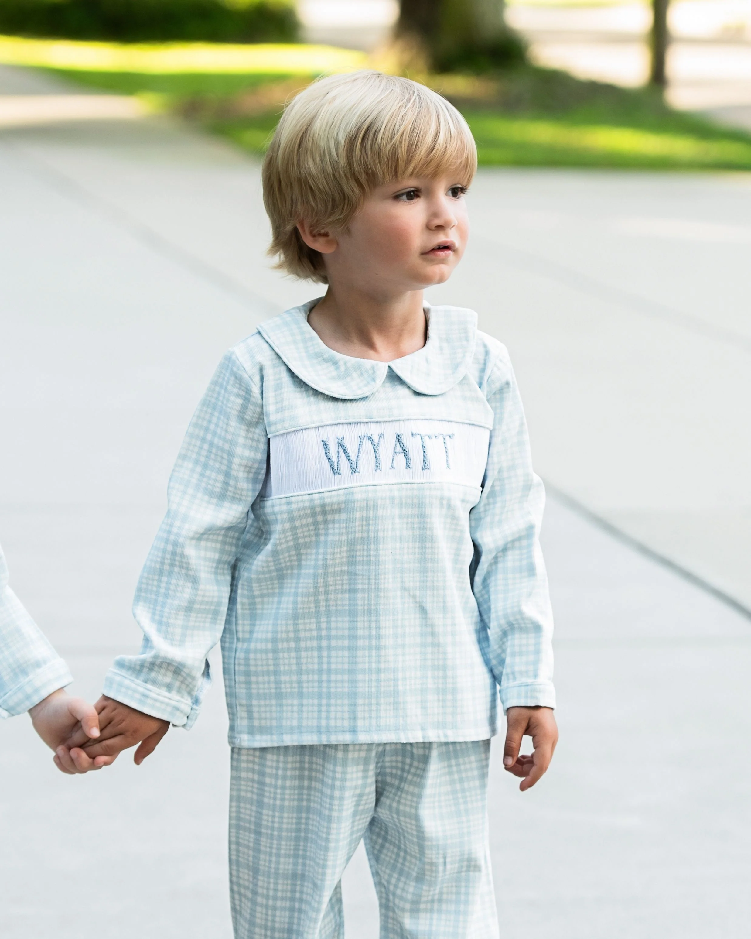Blue Plaid Corduroy Custom Smocked Ankle Pant Set - Image 2