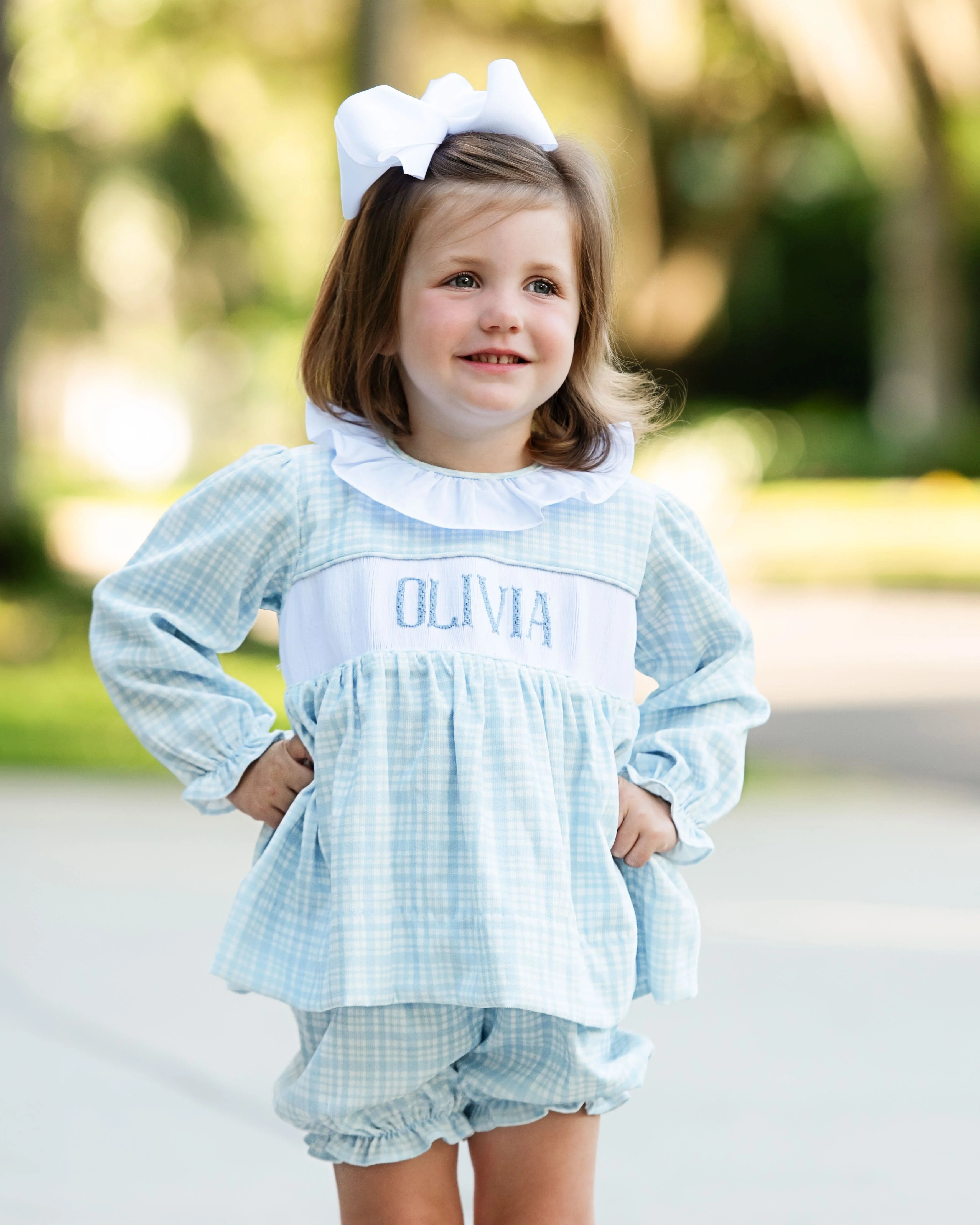 Blue Plaid Corduroy Custom Smocked Bloomer Set - Image 2