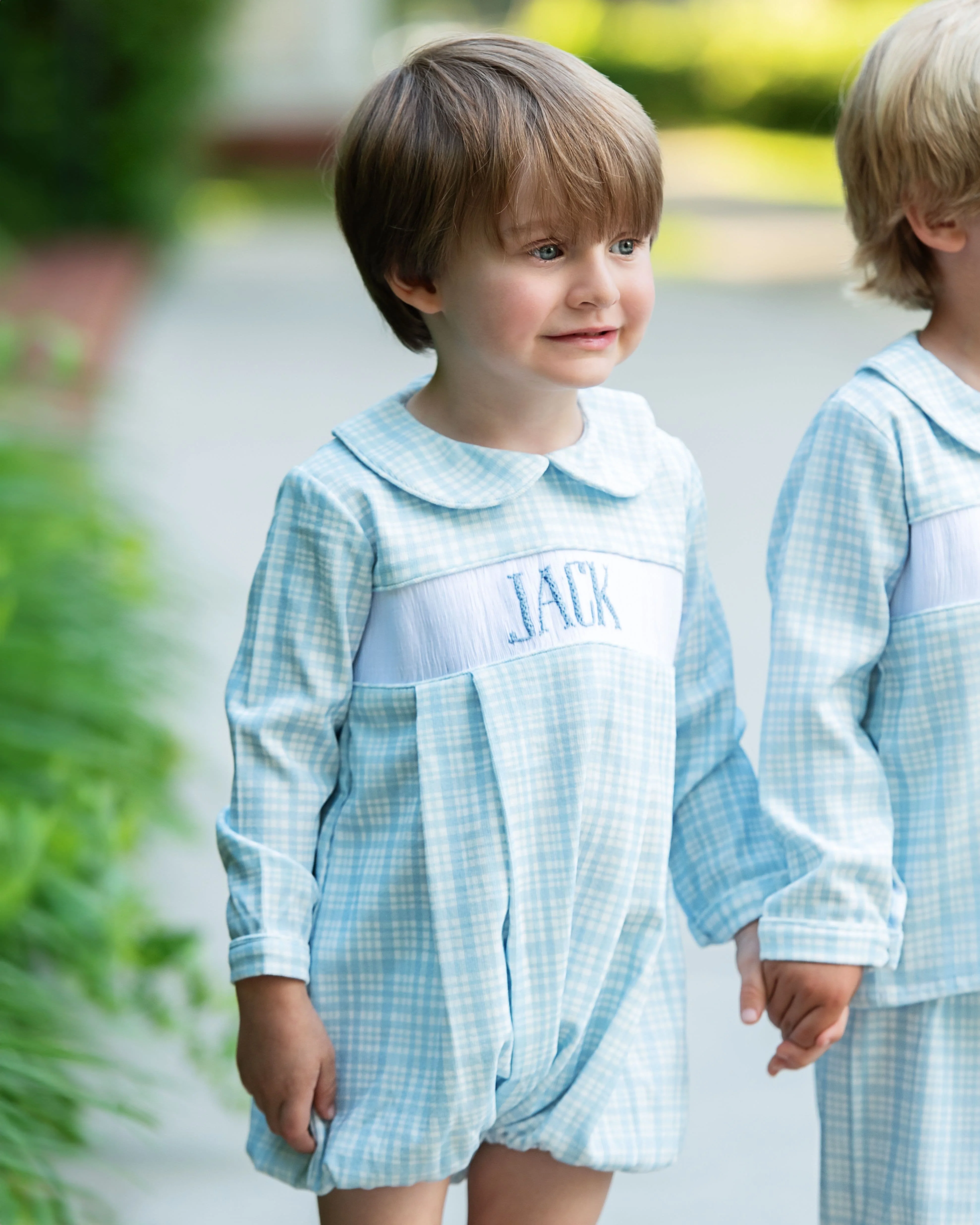 Blue Plaid Corduroy Custom Smocked Bubble - Image 2