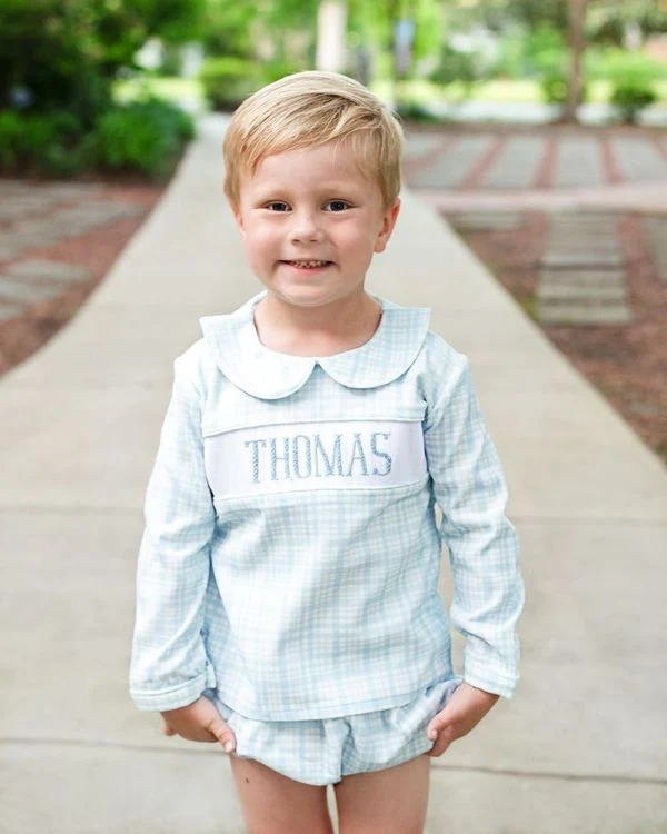 Blue Plaid Corduroy Custom Smocked Diaper Set - Image 2