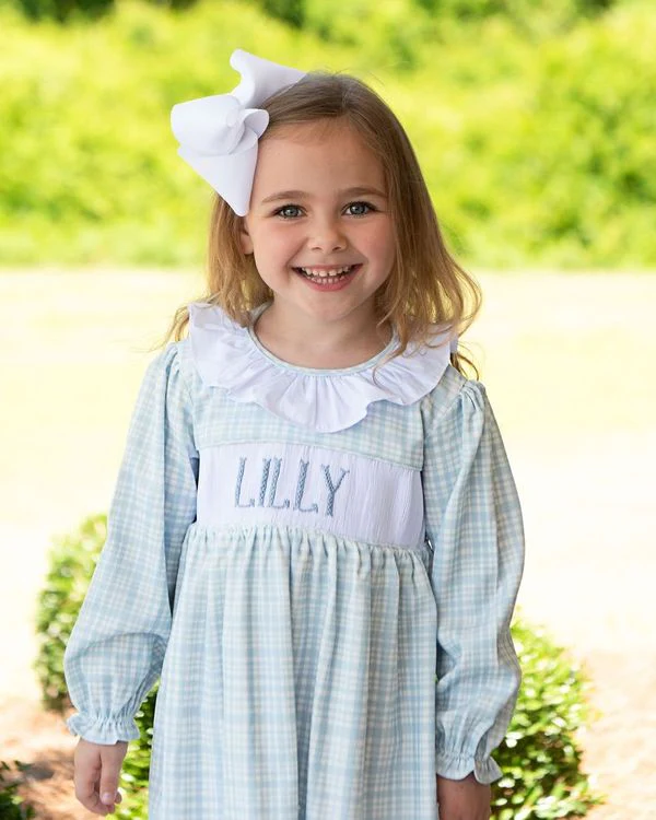 Blue Plaid Corduroy Custom Smocked Dress - Image 2