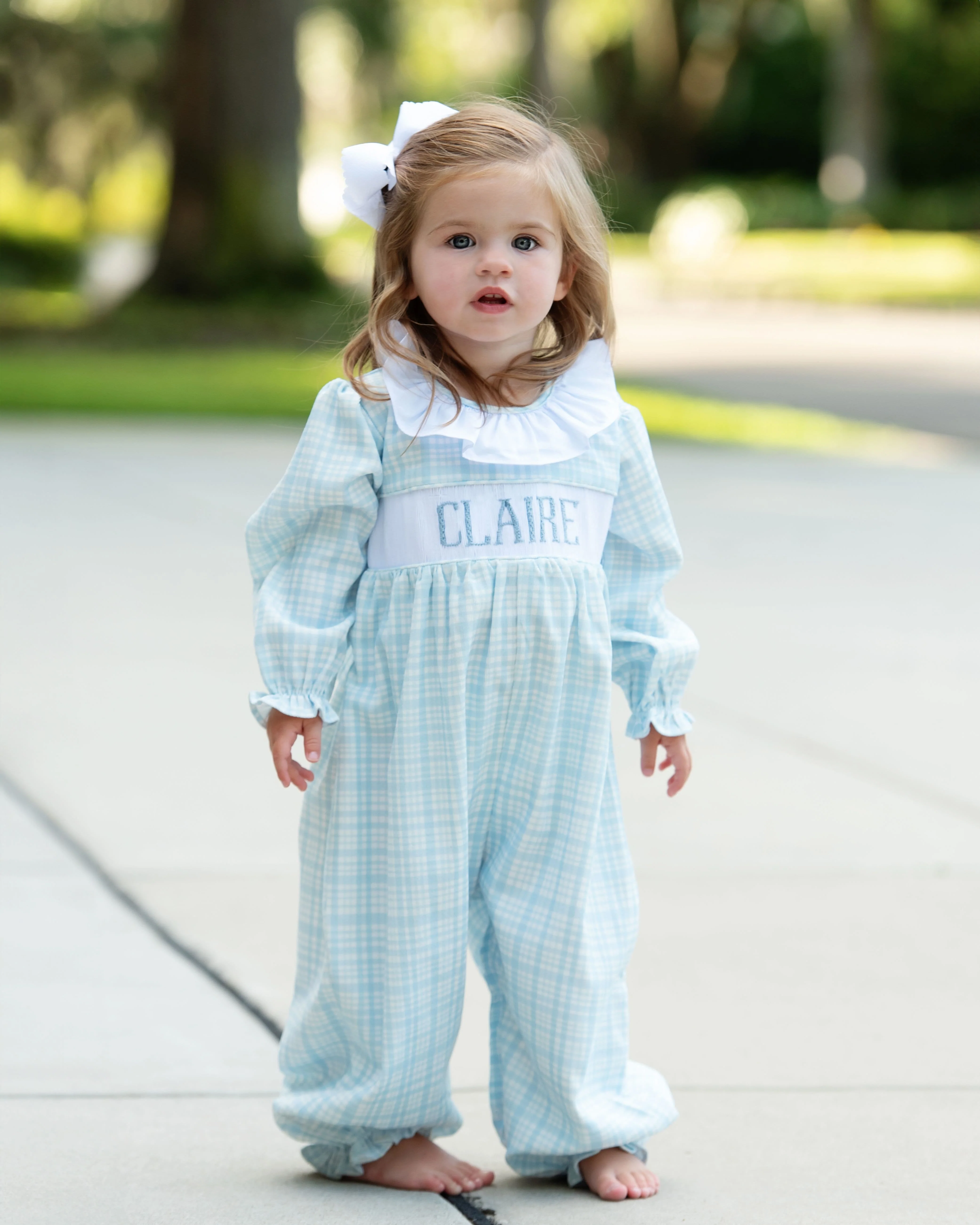 Blue Plaid Corduroy Custom Smocked Long Bubble - Image 2