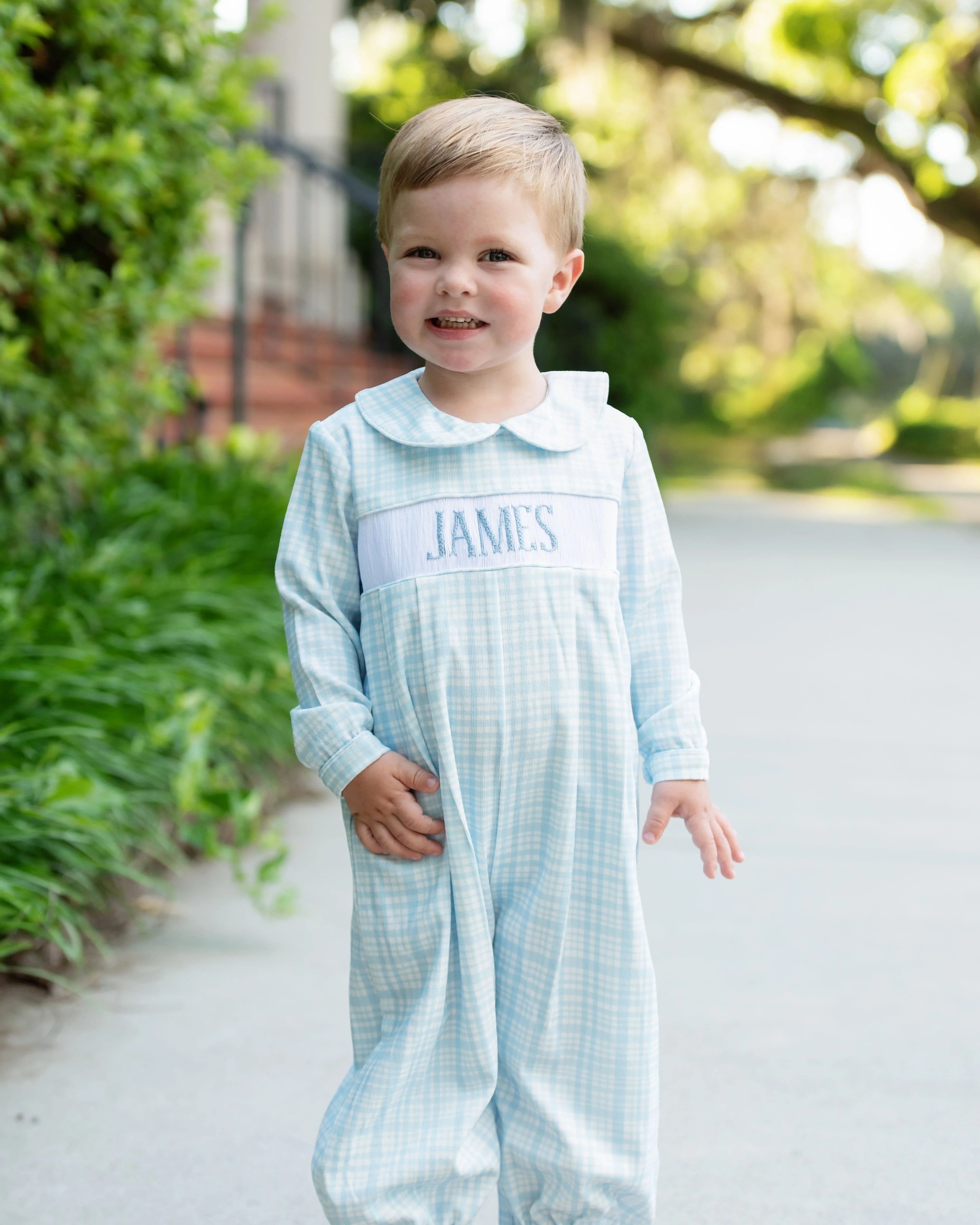 Blue Plaid Corduroy Custom Smocked Long Romper - Image 2