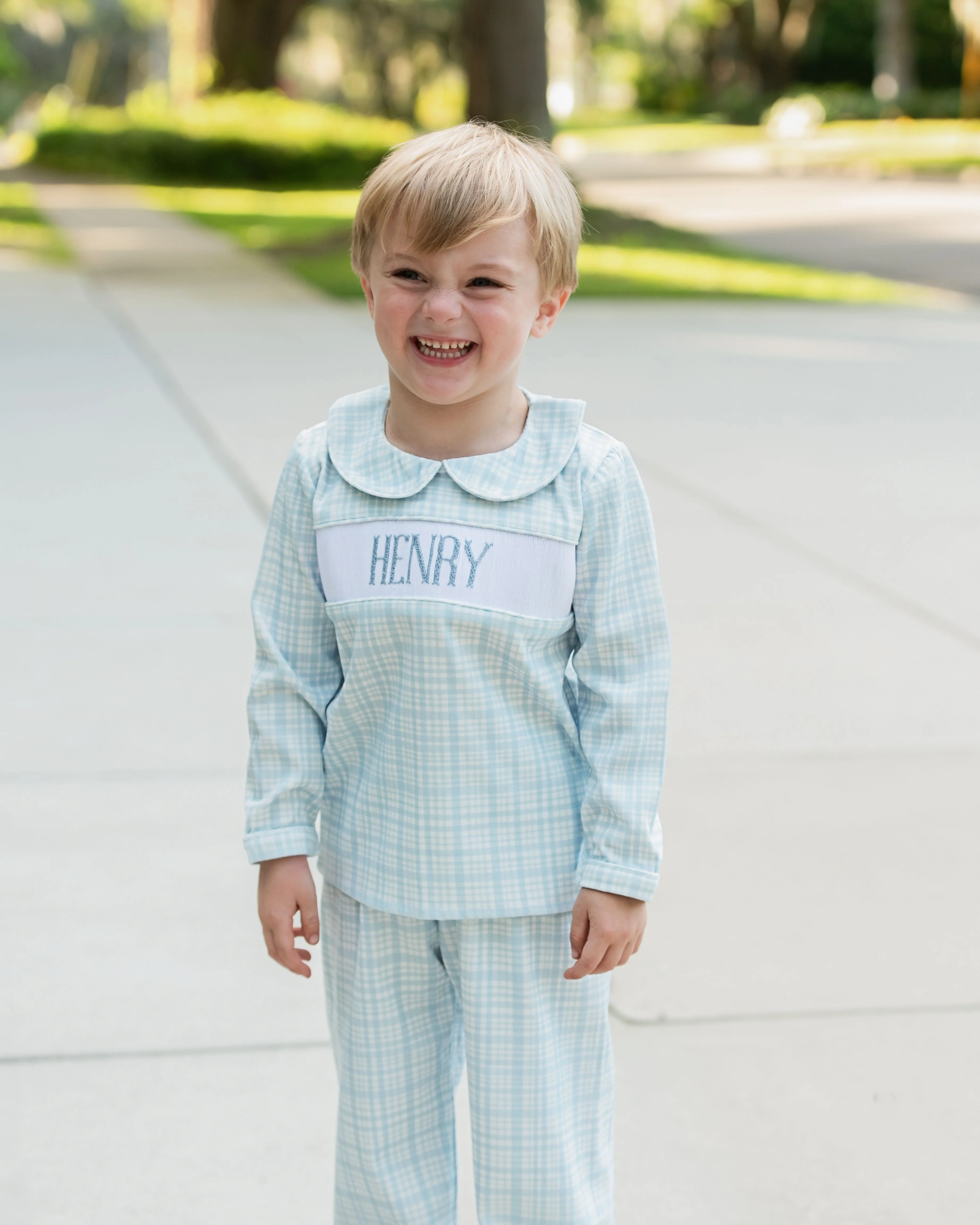 Blue Plaid Corduroy Custom Smocked Pant Set - Image 2