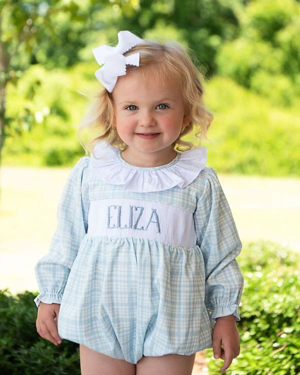 Blue Plaid Corduroy Custom Smocked Ruffle Bubble - Image 2