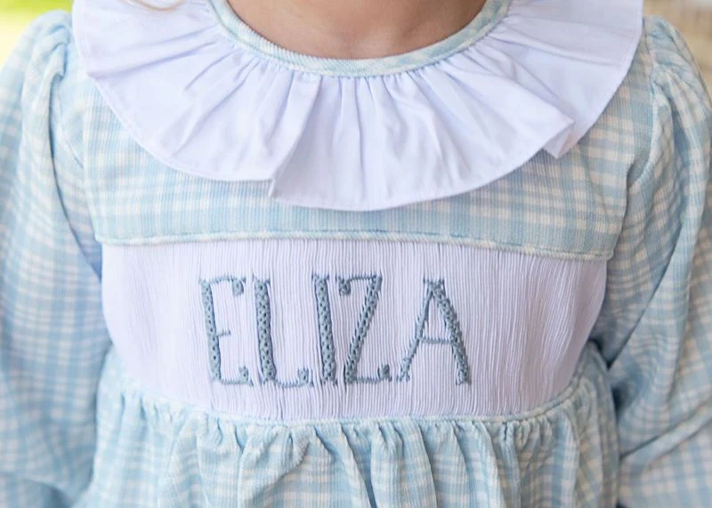 Blue Plaid Corduroy Custom Smocked Ruffle Bubble - Image 3