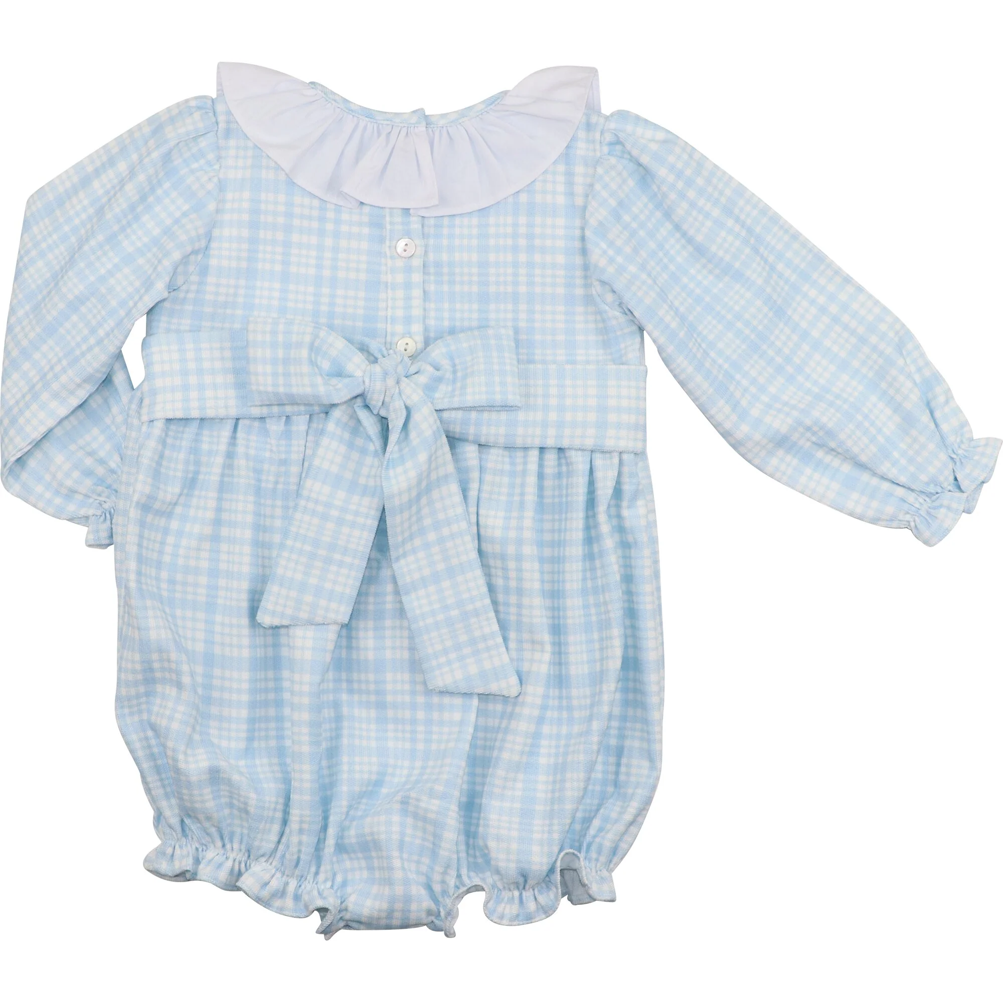 Blue Plaid Corduroy Custom Smocked Ruffle Bubble - Image 4