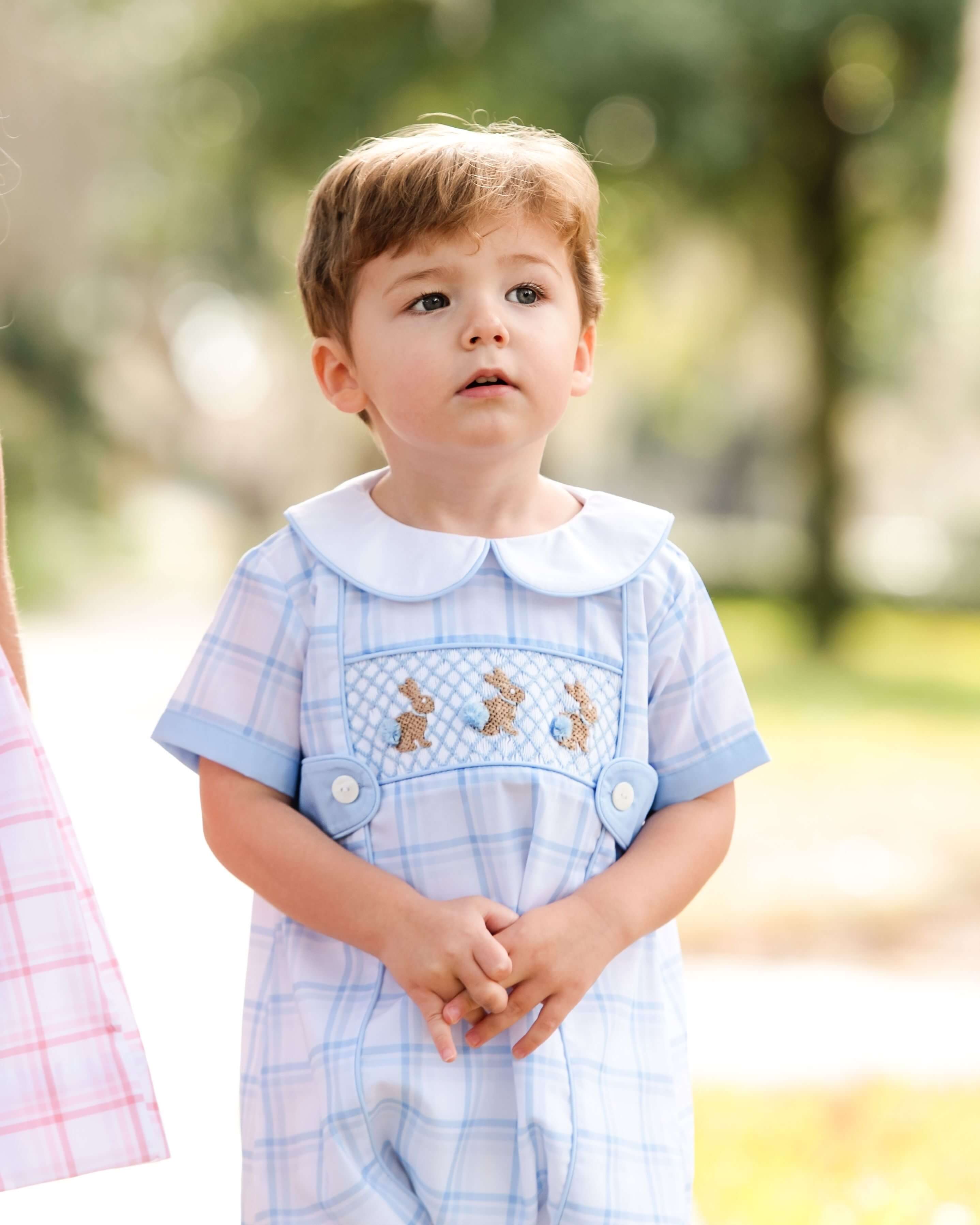 Blue Plaid Smocked Bunny Bubble - Image 2