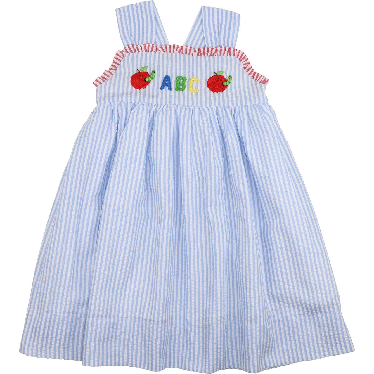 Blue Seersucker ABC Apple And Worm Dress