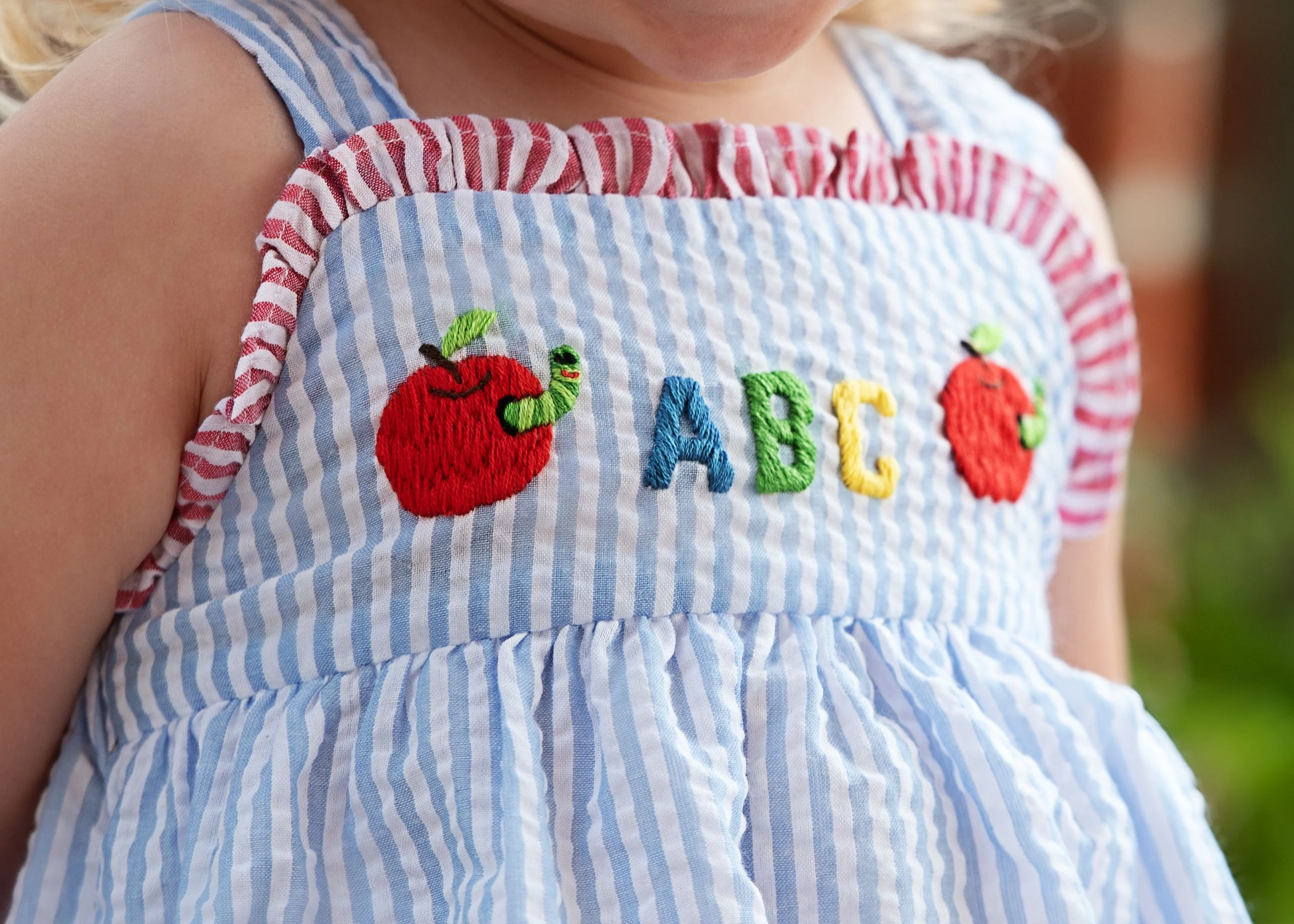 Blue Seersucker ABC Apple And Worm Dress - Image 4