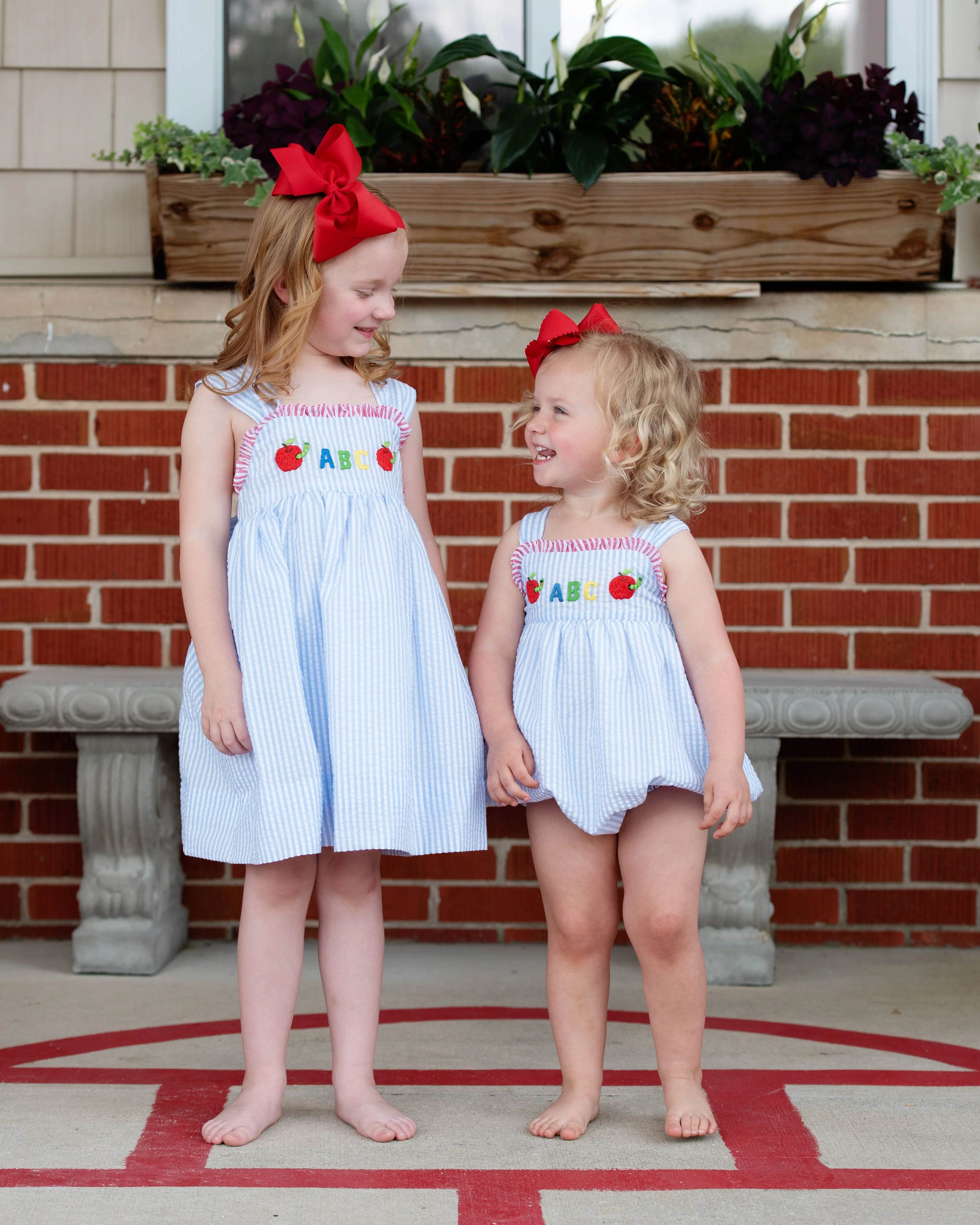 Blue Seersucker ABC Apple And Worm Dress - Image 5