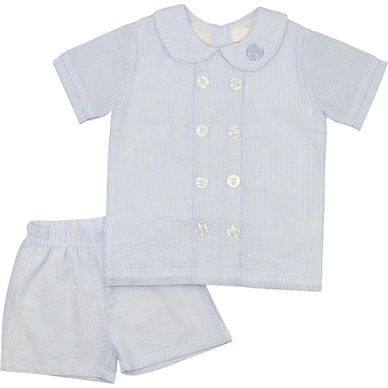 Blue Seersucker Double Breasted Short Set