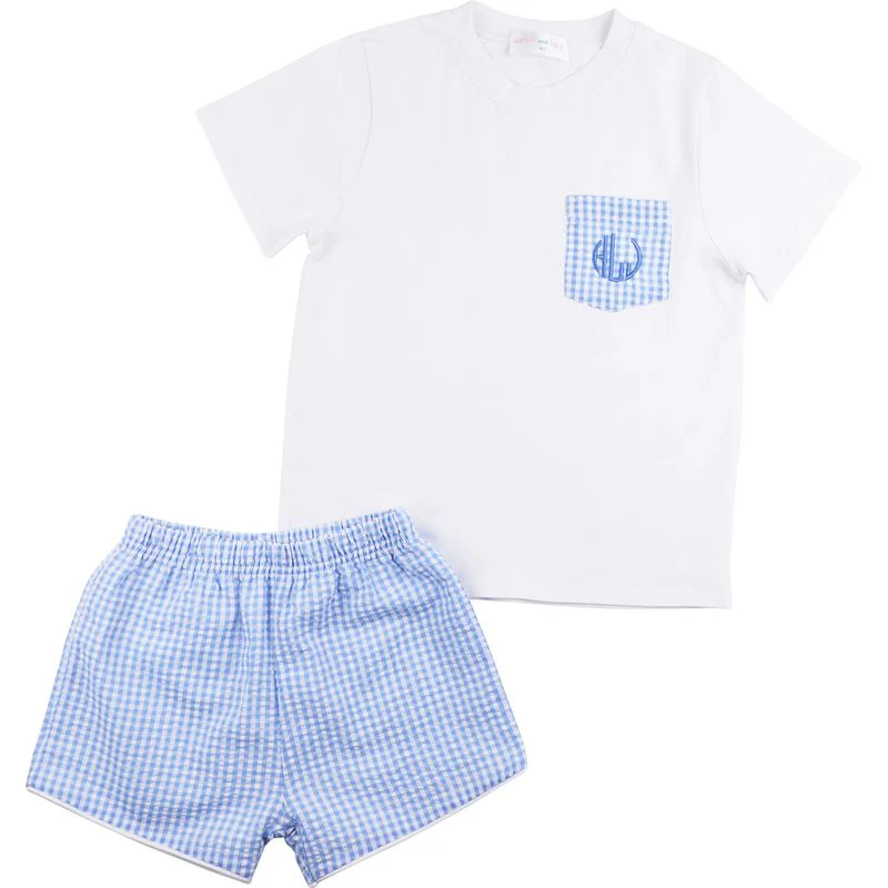 Blue Seersucker Pocket Short Set