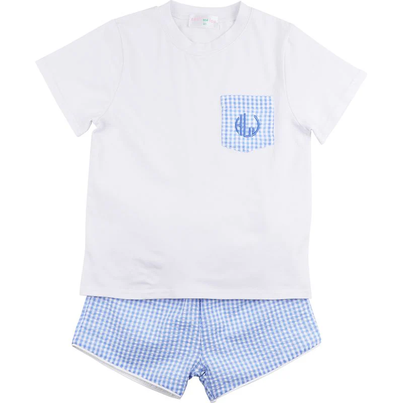 Blue Seersucker Pocket Short Set - Image 2