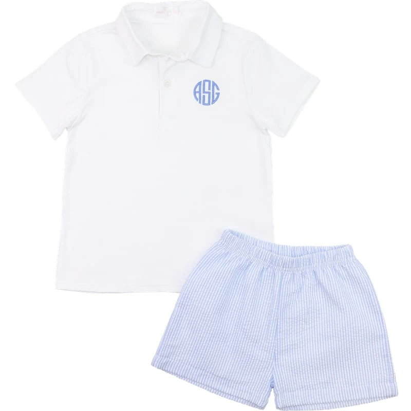 Blue Seersucker Polo Short Set