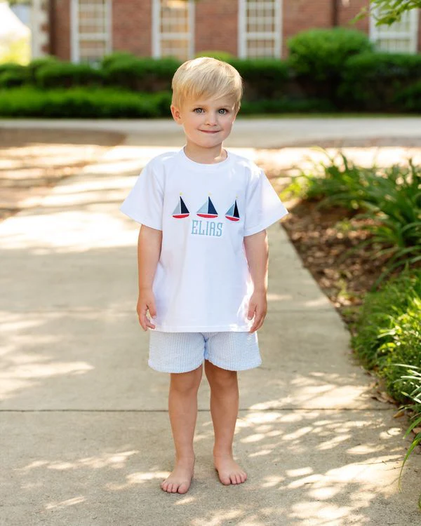 Blue Seersucker Sailboats Short Set - Image 2