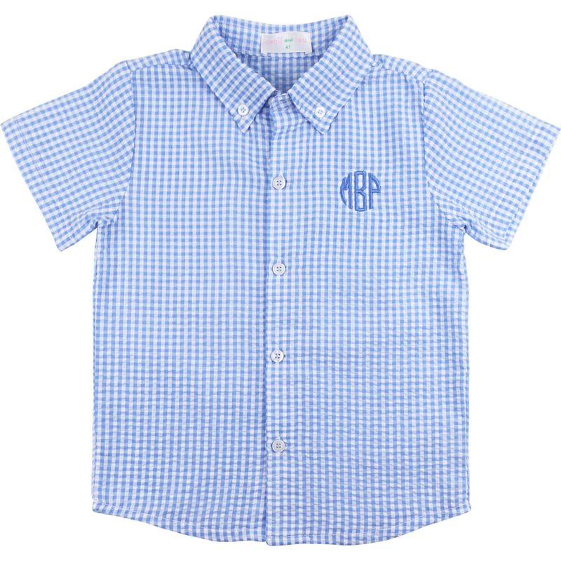 Blue Seersucker Short Sleeve Button Down Shirt