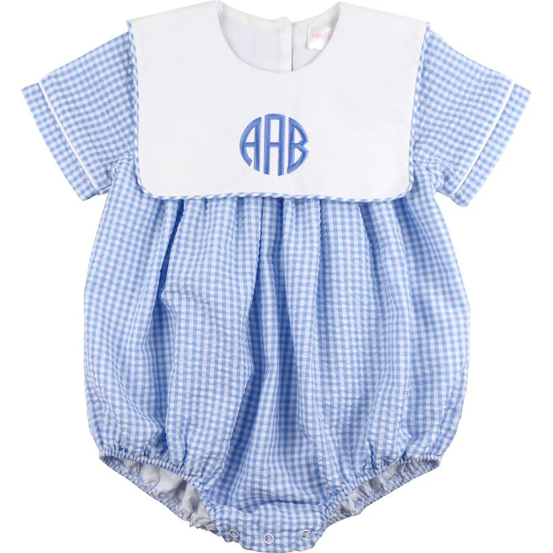 Blue Seersucker Square Collar Bubble