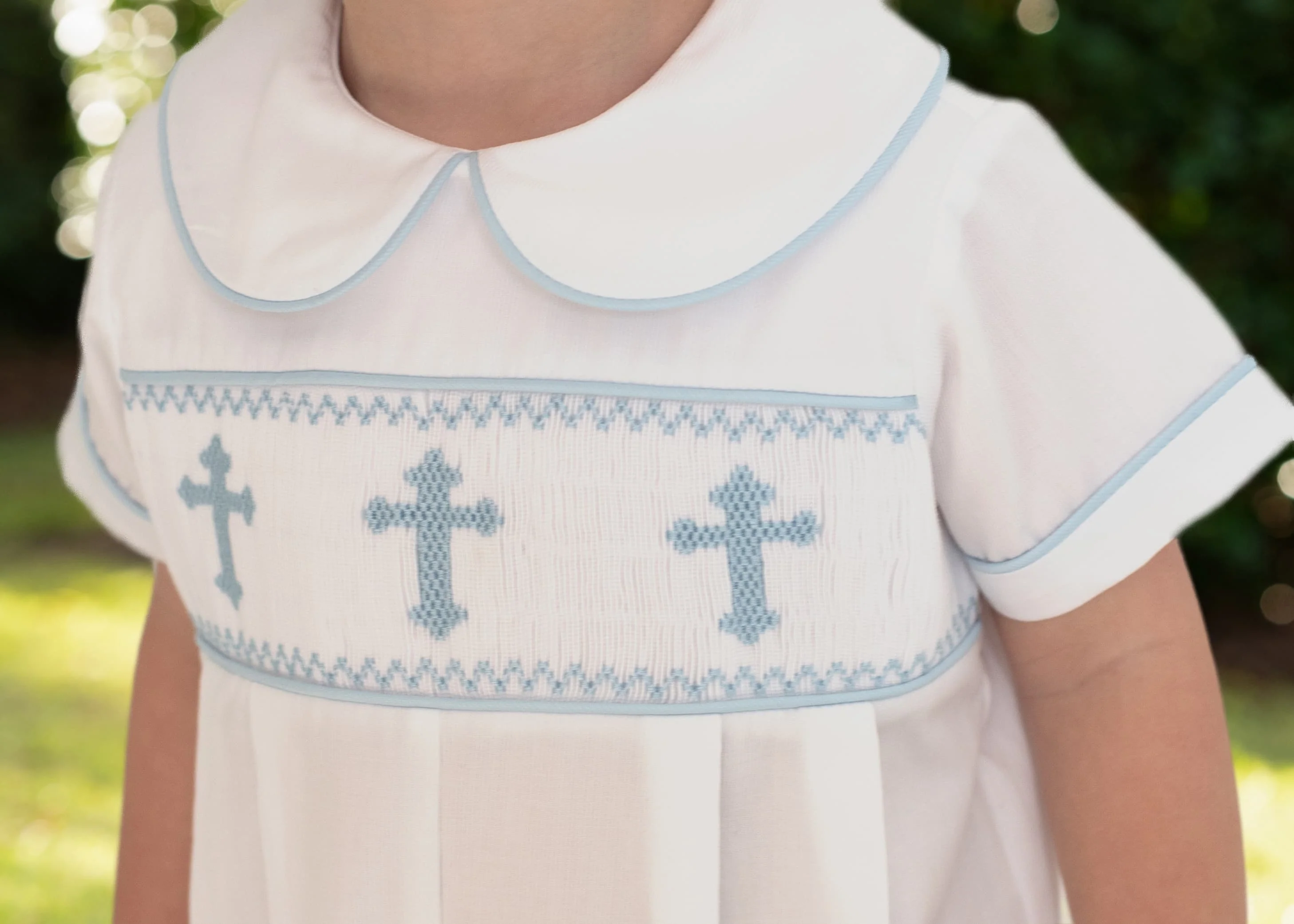 Blue Smocked Cross Short Romper - Image 3