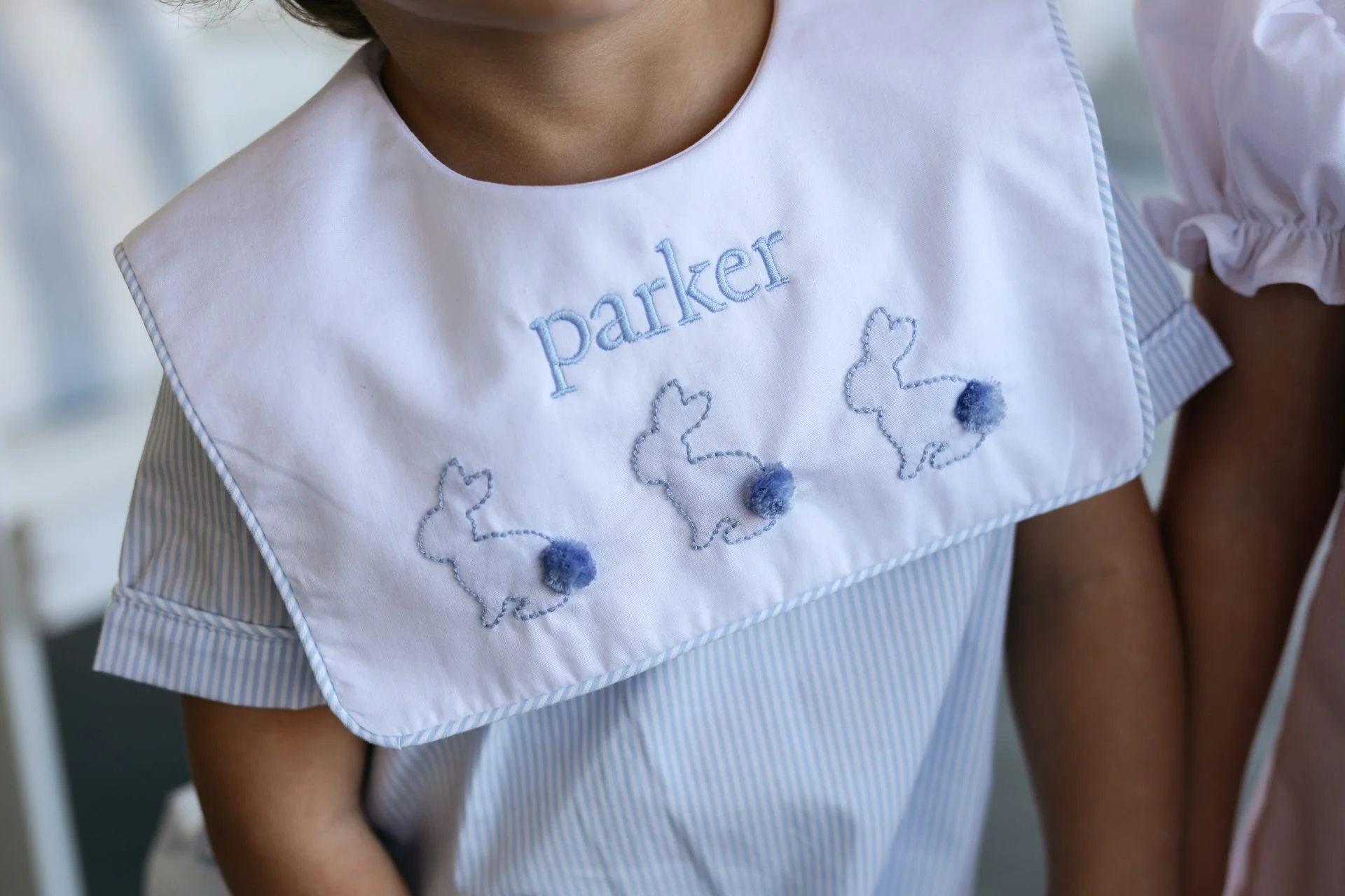 Blue Stripe Embroidered Bunnies Bubble - Image 2