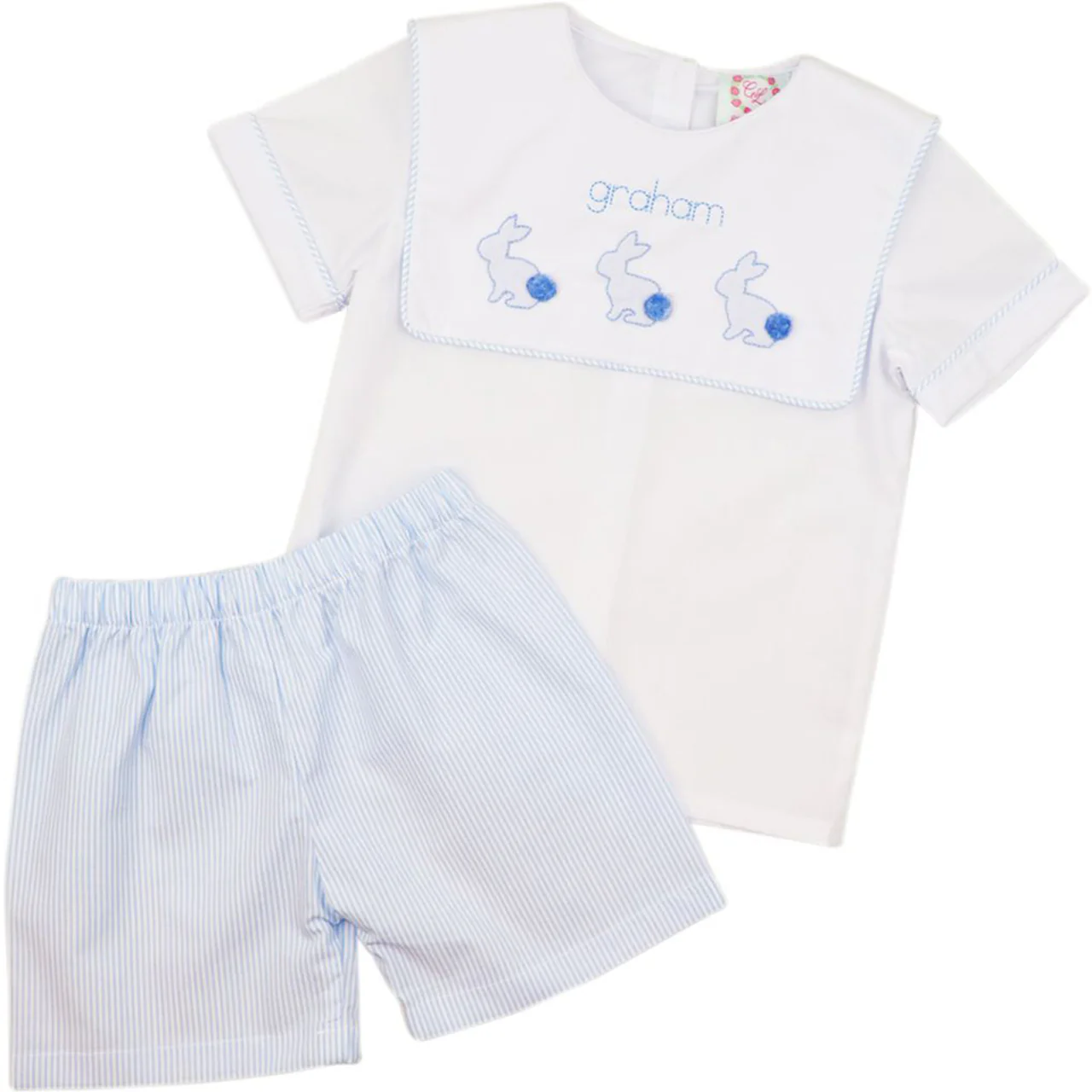 Blue Stripe Embroidered Bunnies Short Set