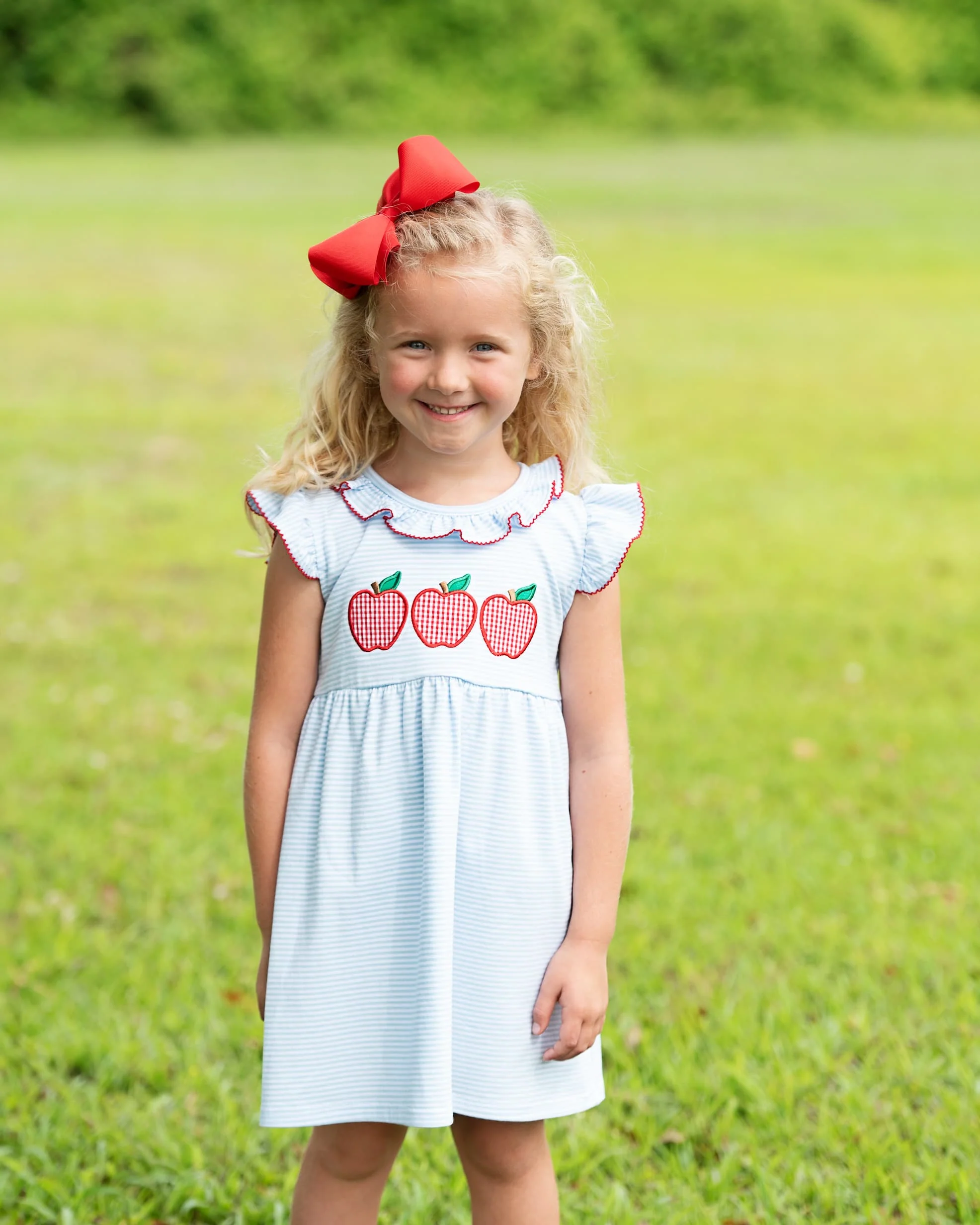 Blue Stripe Knit Applique Apple Dress - Image 2