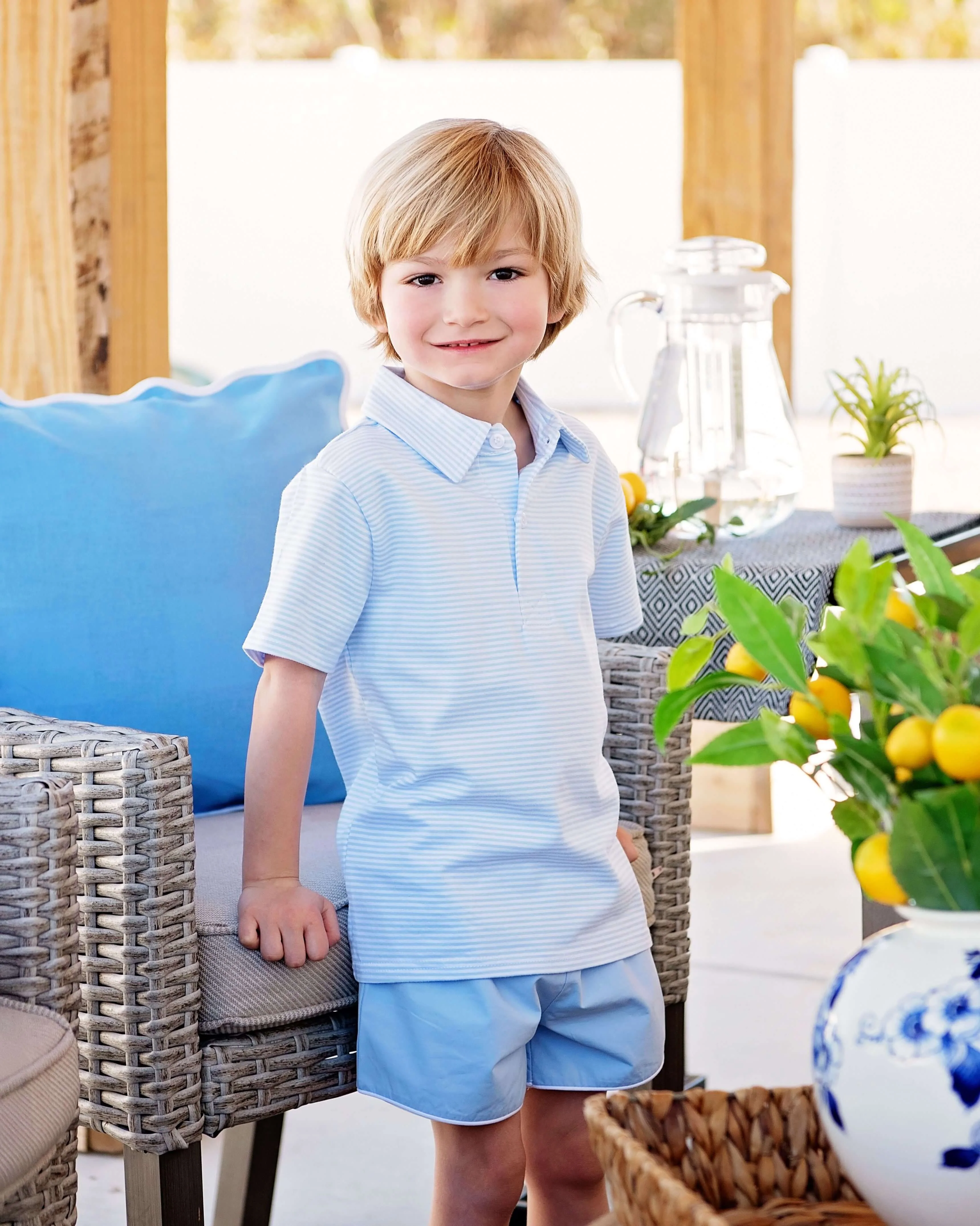 Blue Stripe Knit Polo Short Set - Image 2