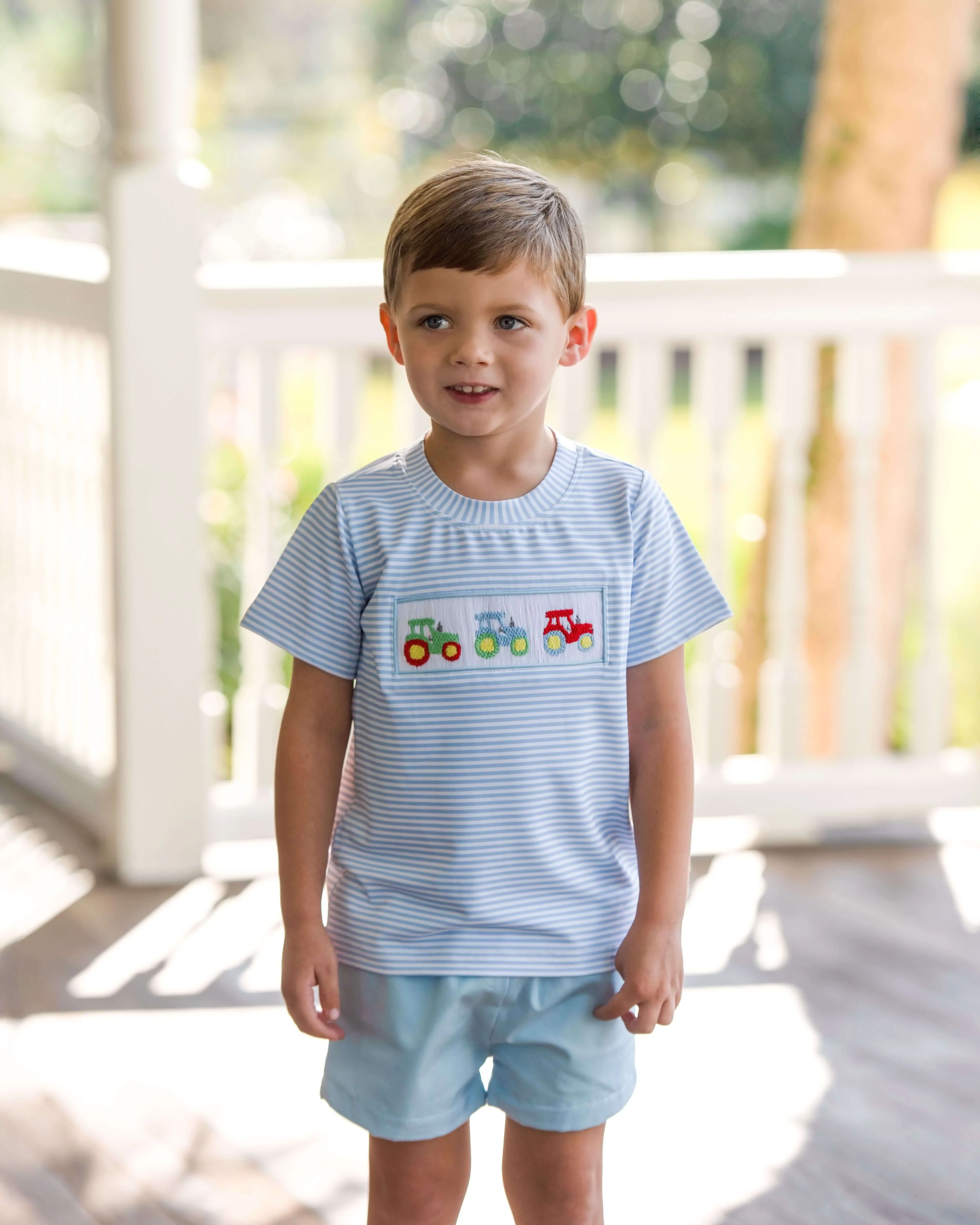 Blue Stripe Smocked Tractor Short Set - Image 2