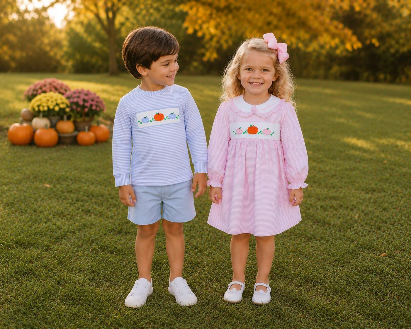 Blue Striped Applique Pumpkin Short Set - Image 2