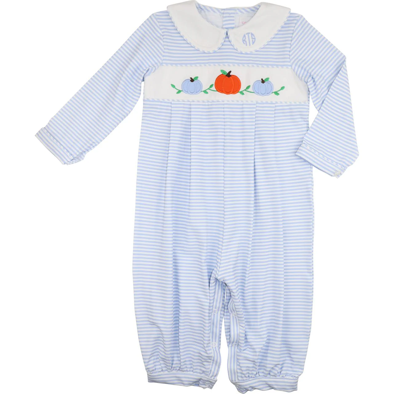 Blue Striped Knit Applique Pumpkins Long Romper