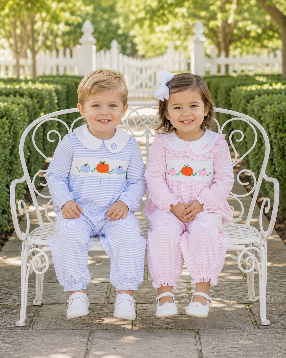 Blue Striped Knit Applique Pumpkins Long Romper - Image 2