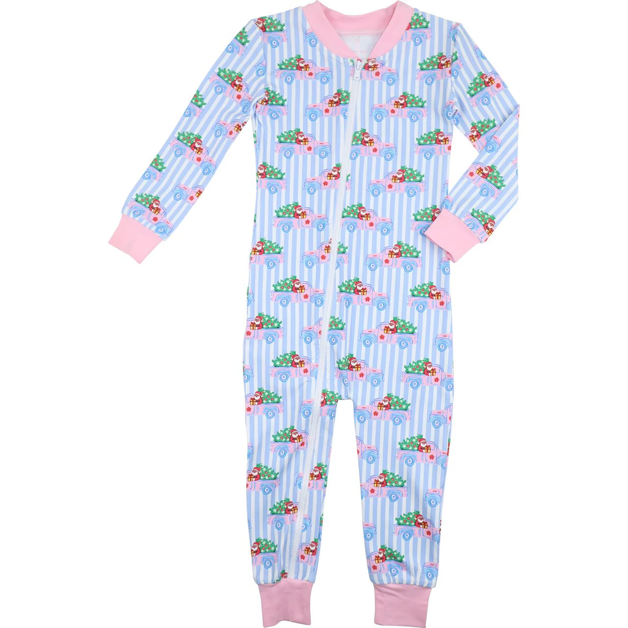 Blue Striped Santa Truck Knit Zipper Pajamas - Image 2