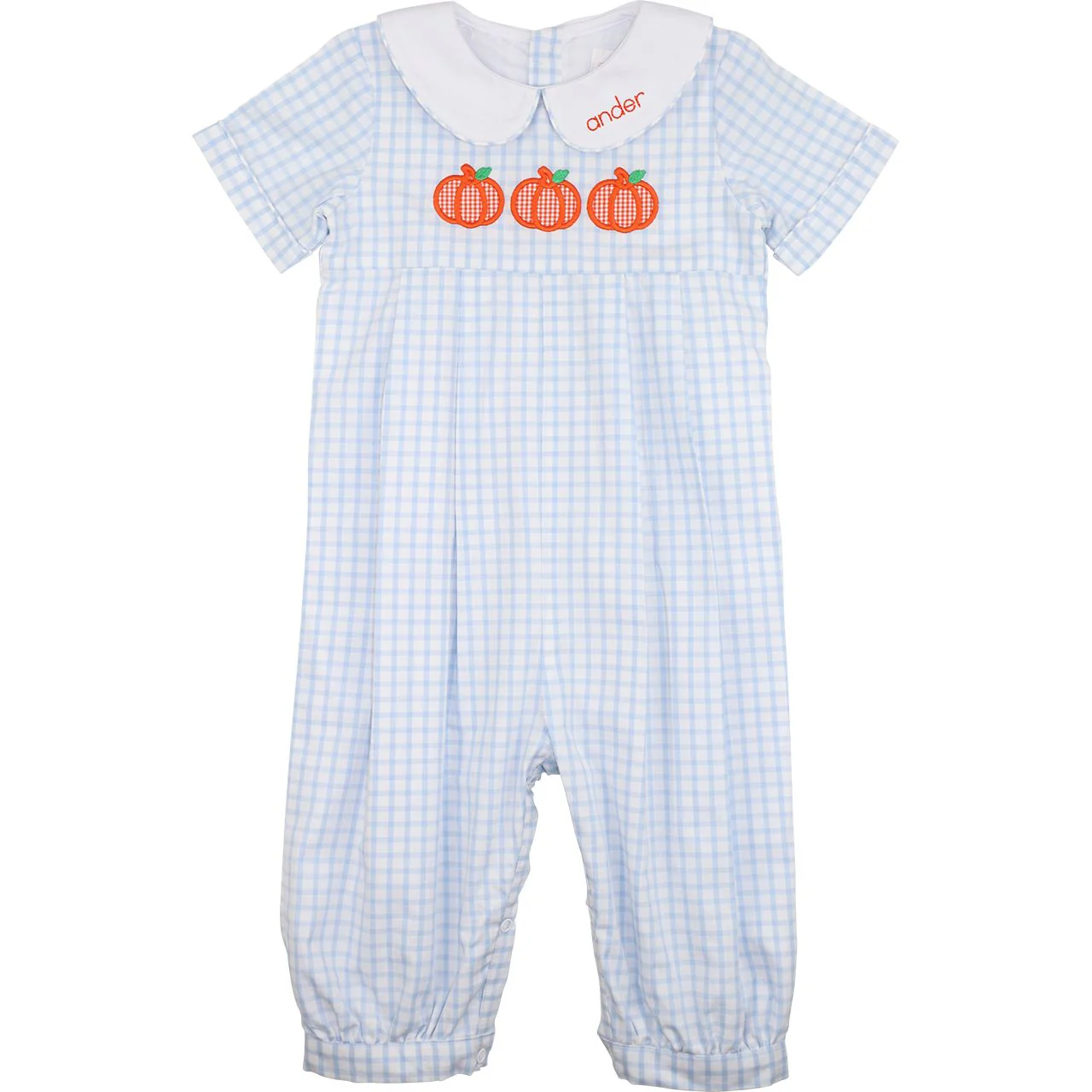 Blue Windowpane Applique Pumpkin Long Romper