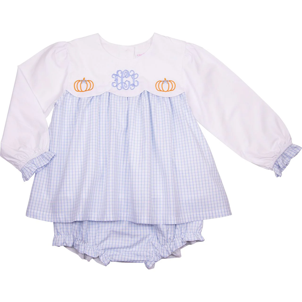 Blue Windowpane Embroidered Pumpkin Diaper Set