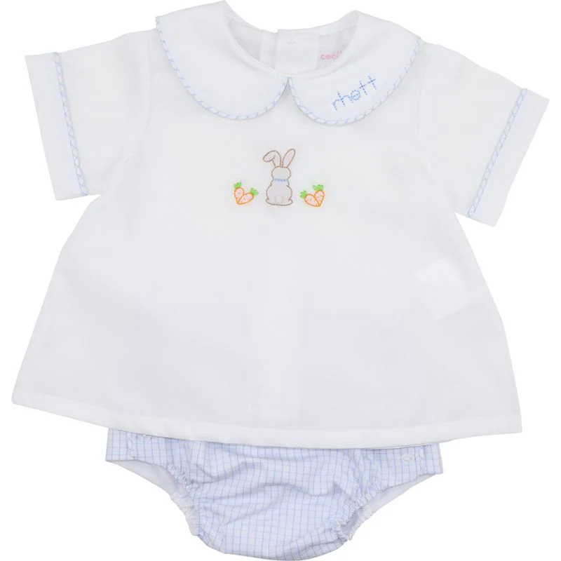 Blue Windowpane Shadow Embroidered Bunny Diaper Set