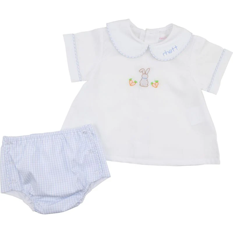 Blue Windowpane Shadow Embroidered Bunny Diaper Set - Image 4