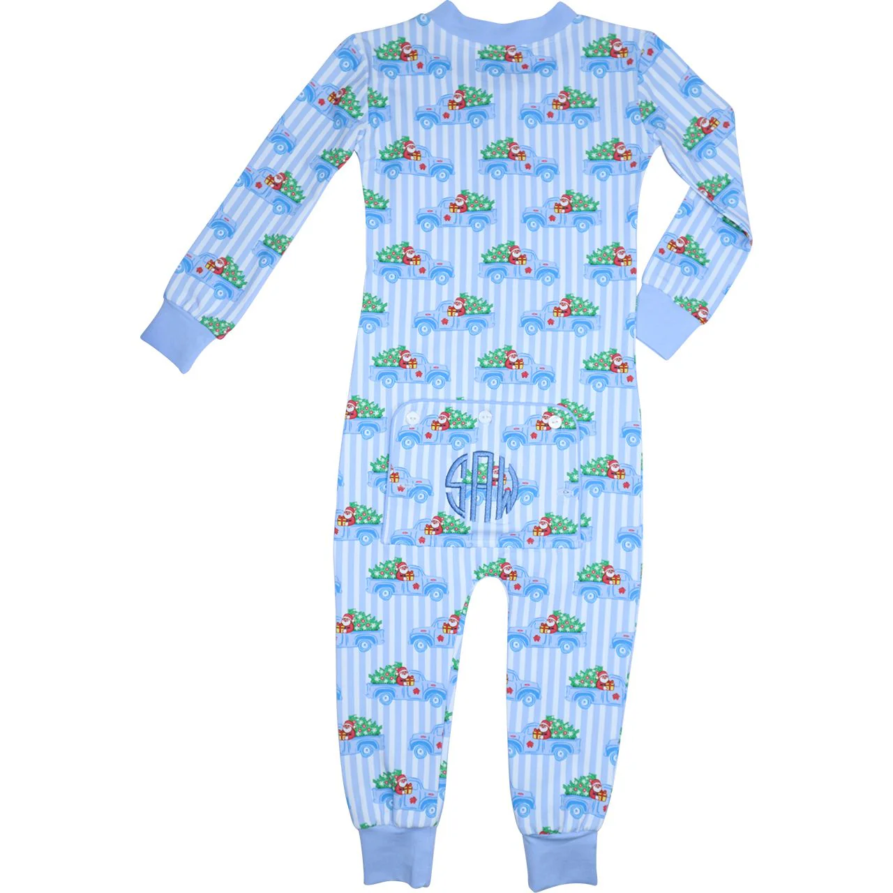 Boy's Blue Striped Santa Truck Knit Zipper Pajamas