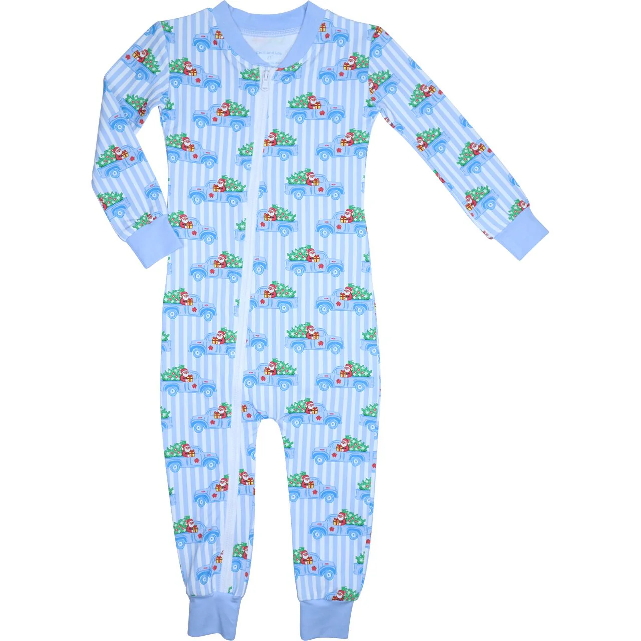 Boy's Blue Striped Santa Truck Knit Zipper Pajamas - Image 2