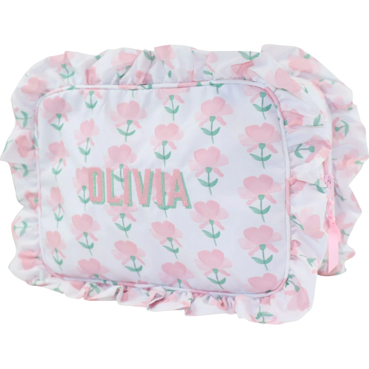 Pink And Green Floral Ruffle Zipper Pouch - Image 3