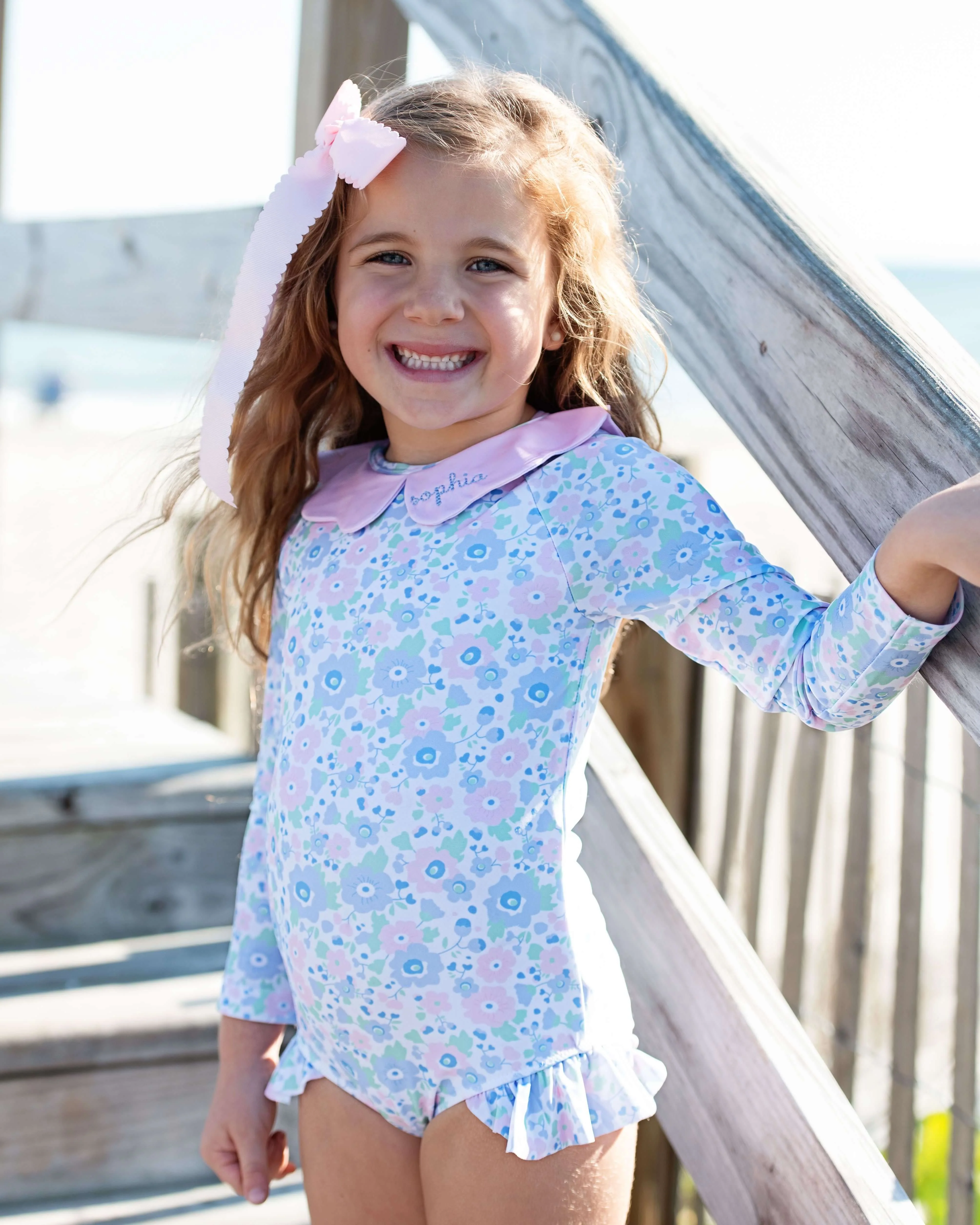 Floral Scalloped Collar Long Sleeve Swimsuit - Image 2