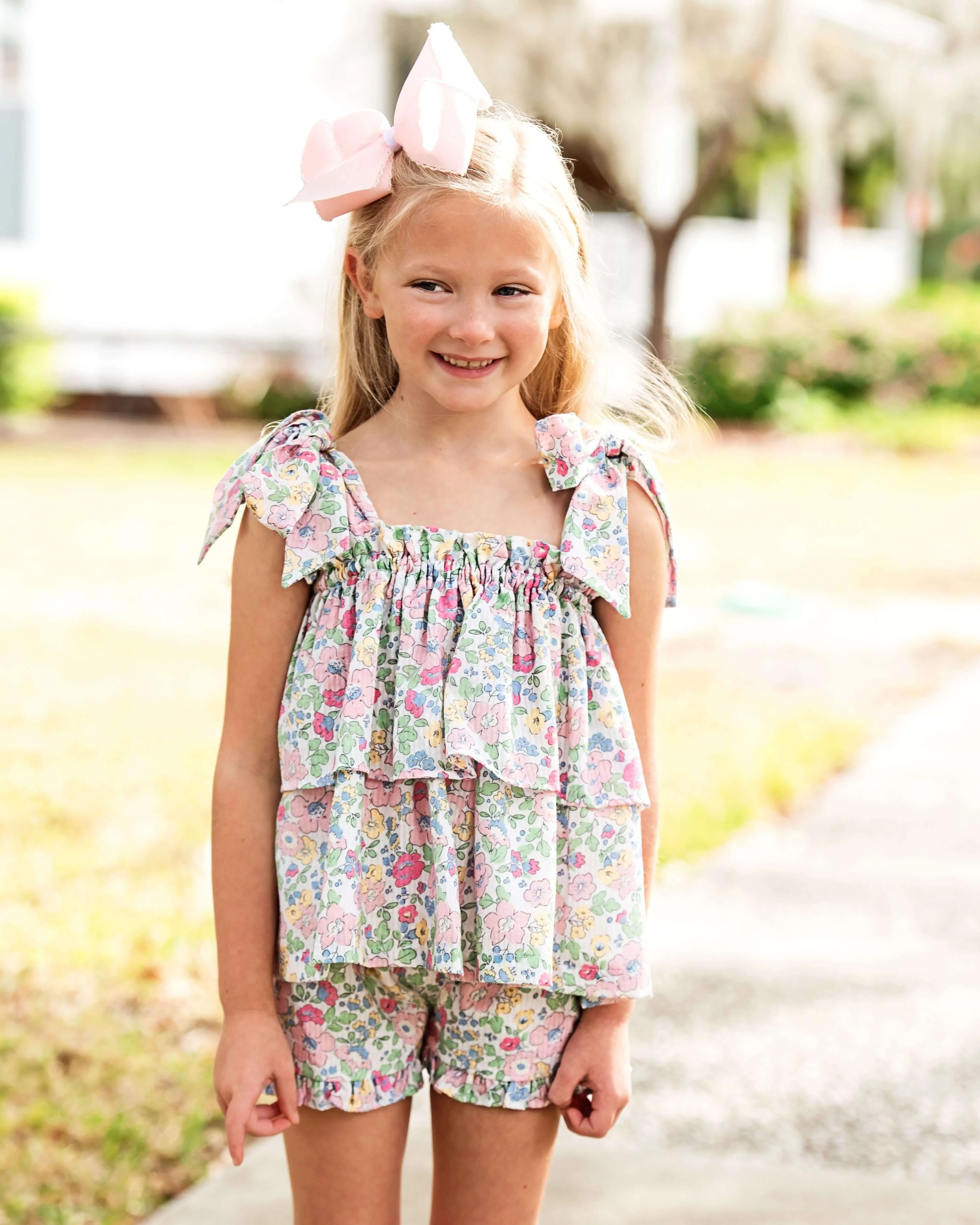 Floral Seersucker Shoulder Tie Short Set - Image 2