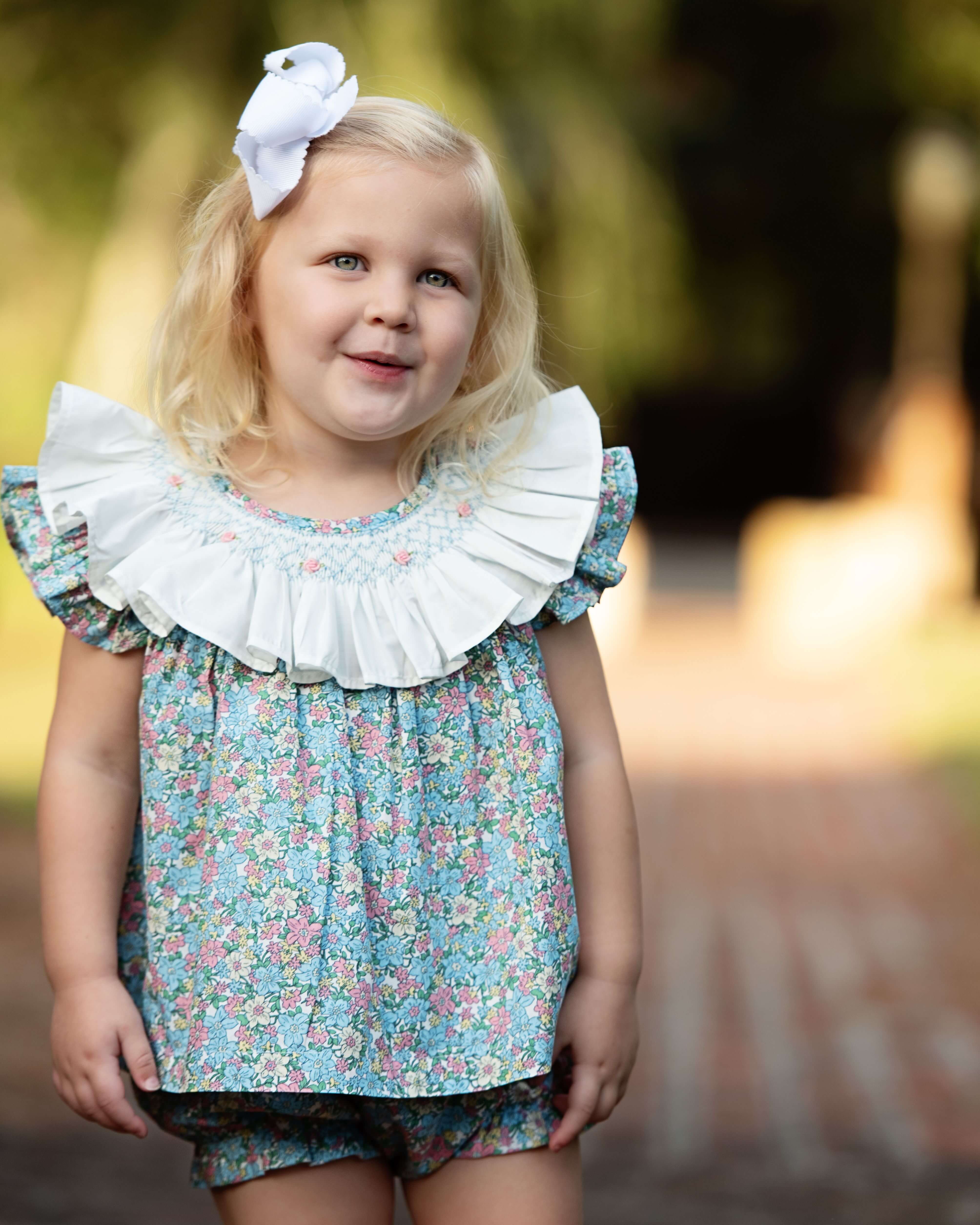 Floral Smocked Ruffle Neck Diaper Set - Image 2